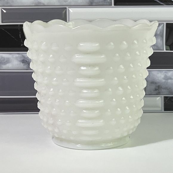 VINTAGE  Milk Glass Planter Vase Cachepot Hobnail White Scallop Edge Fire King - Picture 1 of 17